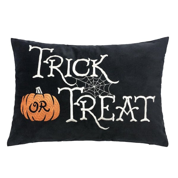 14 in. x 20 in. Trick or Treat Outdoor Halloween Lumbar Pillow, Embroidered Black Cushion with Insert