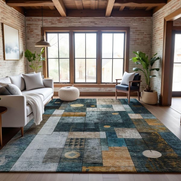 Mayfield Premium Machine Washable Abstract AMF1123 Teal 5 ft. x 7 ft. 6 in. Area Rug