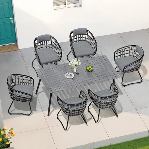 7-Piece Metal 70.9 in. Outdoor Dining Set with Rattan Chairs and Gray Cushions