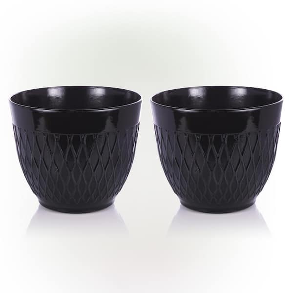 Alpine Corporation Black Indoor/Outdoor Stone-Look Resin Planters with Drainage Holes (Set of 2)