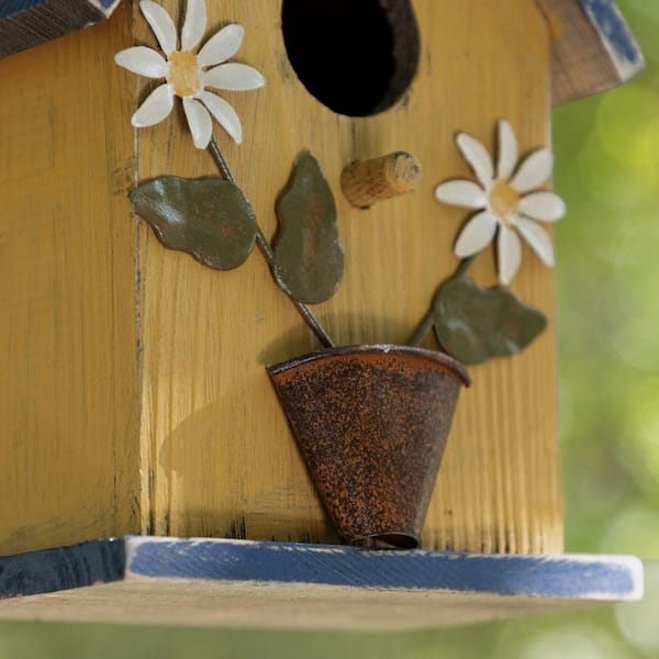 Glitzhome 12.25 in. H Washed Yellow Distressed Solid Wood Cottage