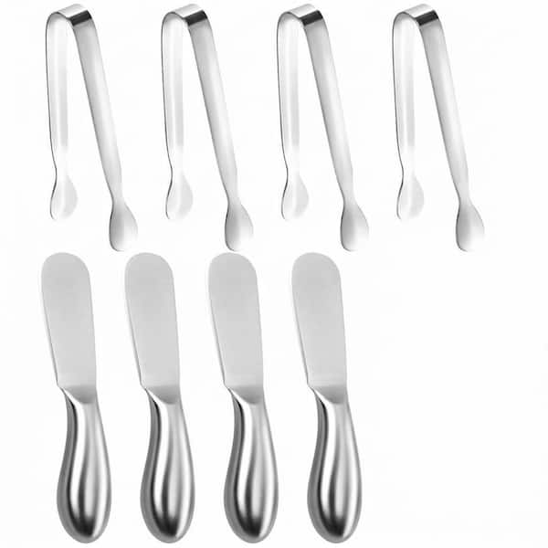 Stainless Steel 5.2 in. Cheese Butter Spreader Knife and Mini Serving Tongs Set Kitchen Utensils 8-Pieces
