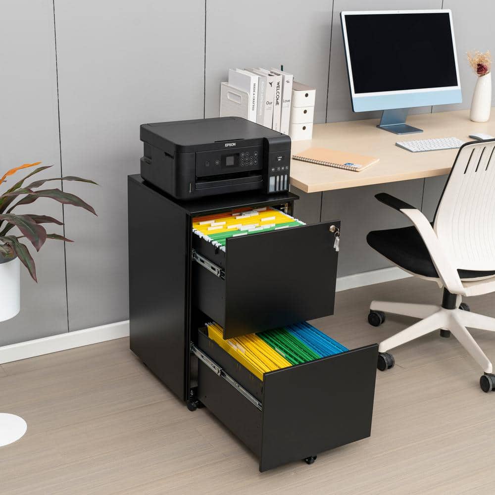 2-Drawer Black 27.3 in. H x 15.4 in.W x 17.7 in. D Metal Mobile Vertical File Cabinet Under Desk with Lockable Drawes