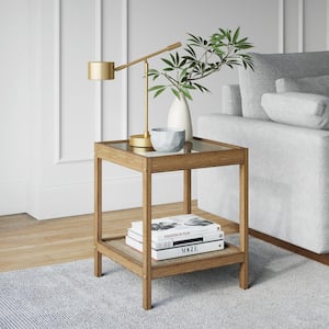 Hayes Light Brown Solid Wood Glass Top with Open Storage Shelf Nightstand, Bedside, End or Side Table