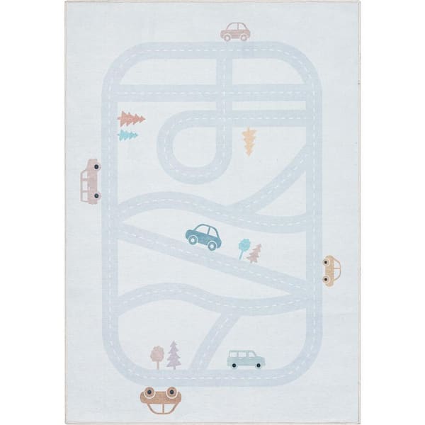 Playful Roads Modern Kids Light Grey 3 ft. 3 in. x 5 ft. Machine Washable Flat-Weave Area Rug