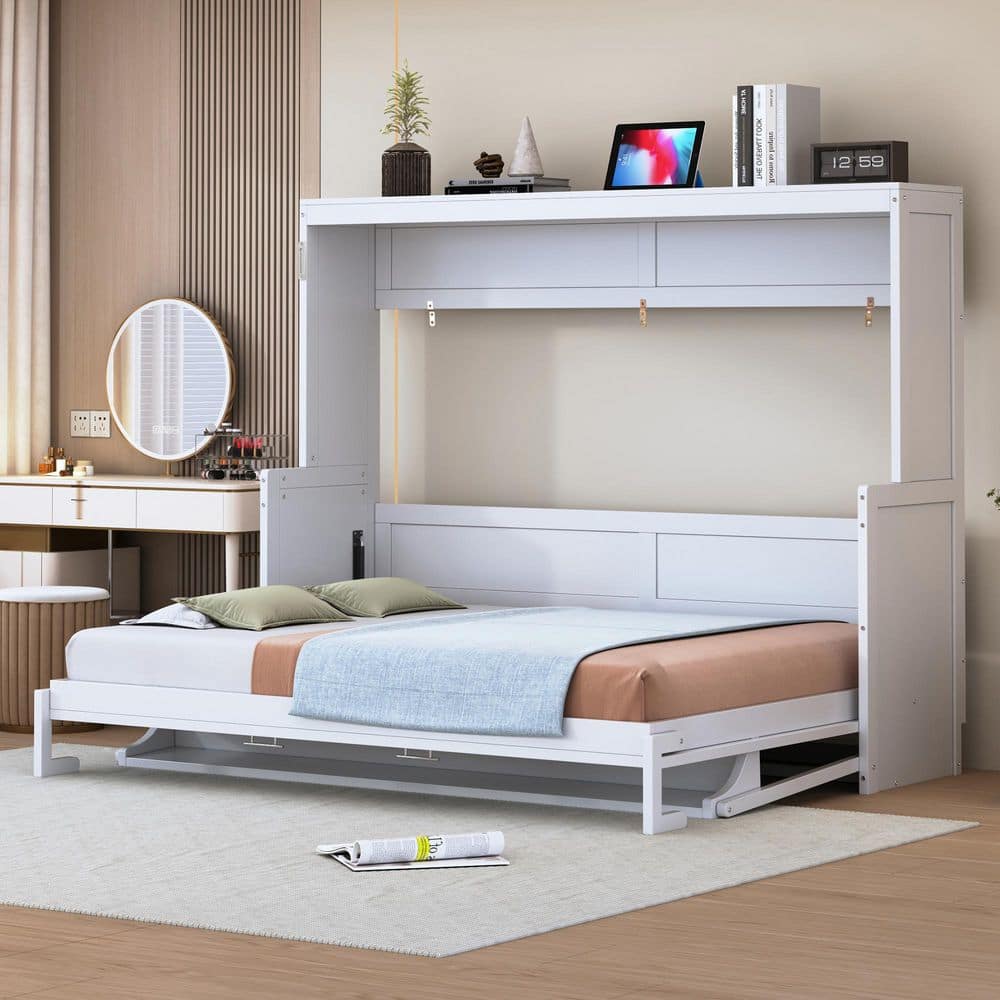 White Wood Frame Full Size Murphy Bed with Hydraulic Lift & Desk Design price history on PriceWatchPro
