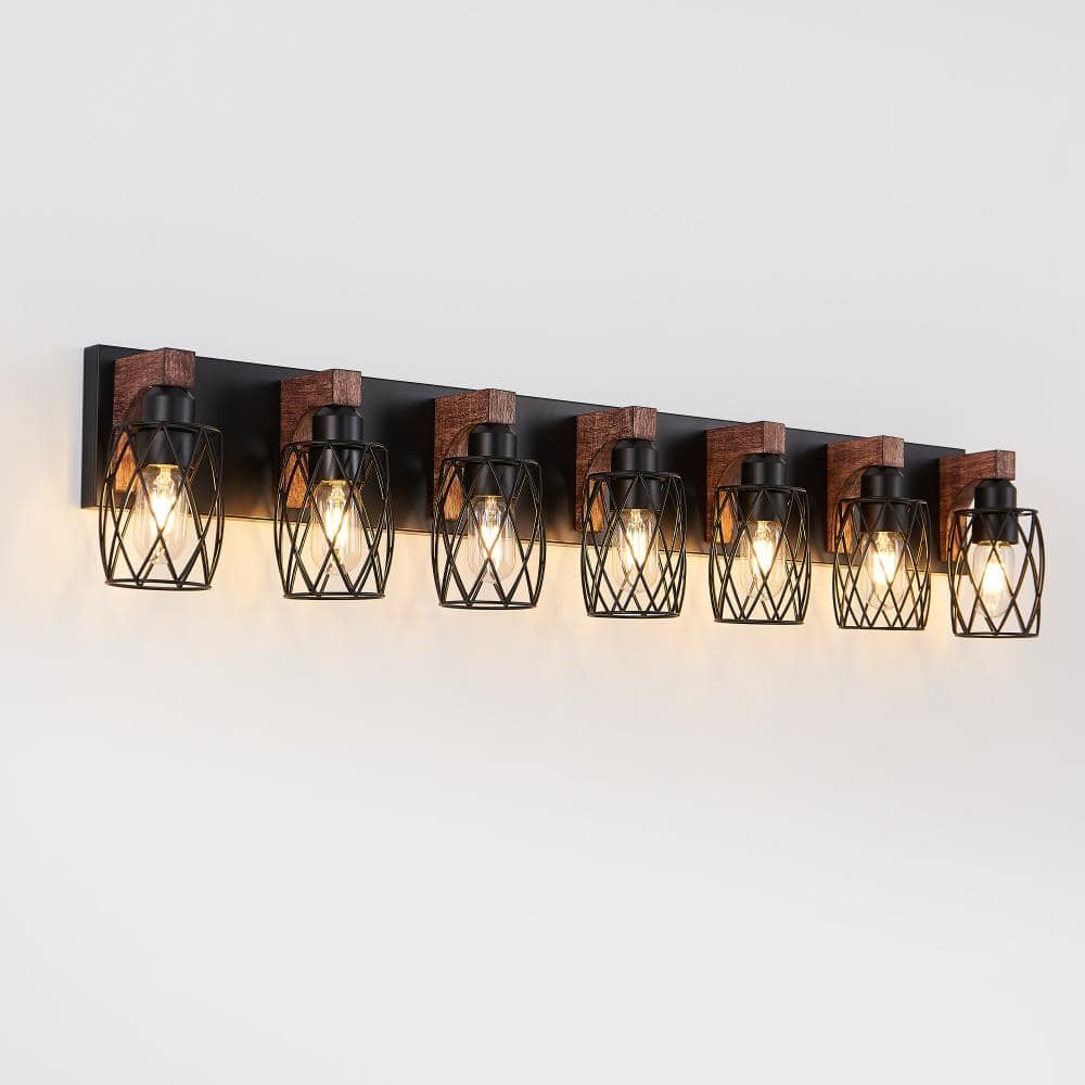 43 in. 7-Light Black Cage Wall Lighting Fixture with Wooden Accents,Industrial Vintage Wall Sconce(Bulb Not Included) price history on PriceWatchPro