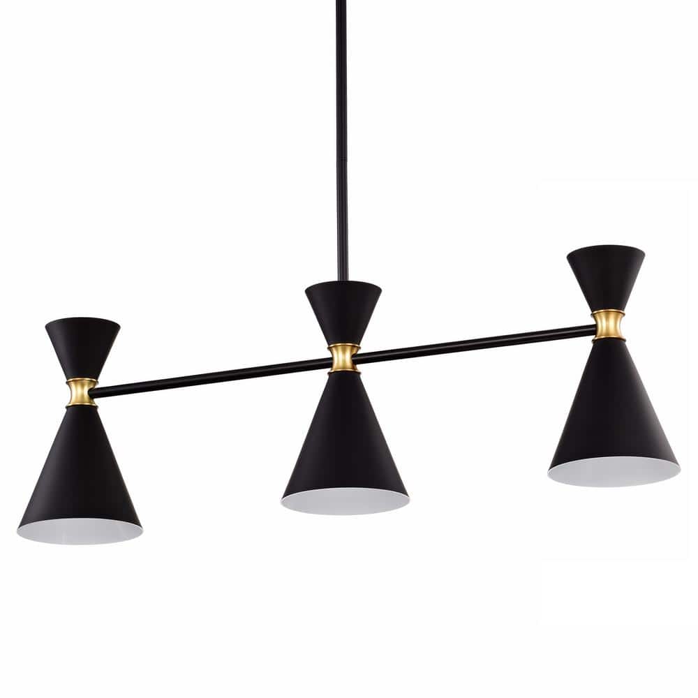 Modern Hourglass 3-Light Island Pendant in Black with Brass Accents