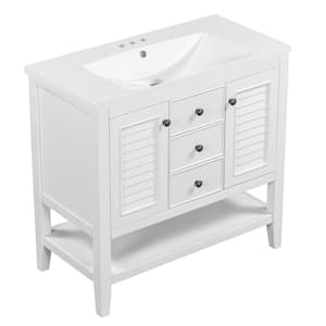 35 in. W x 17.9 in. D x 33.4 in. H Bathroom Vanity in White Solid Frame Bathroom Cabinet with Ceramic Basin Top