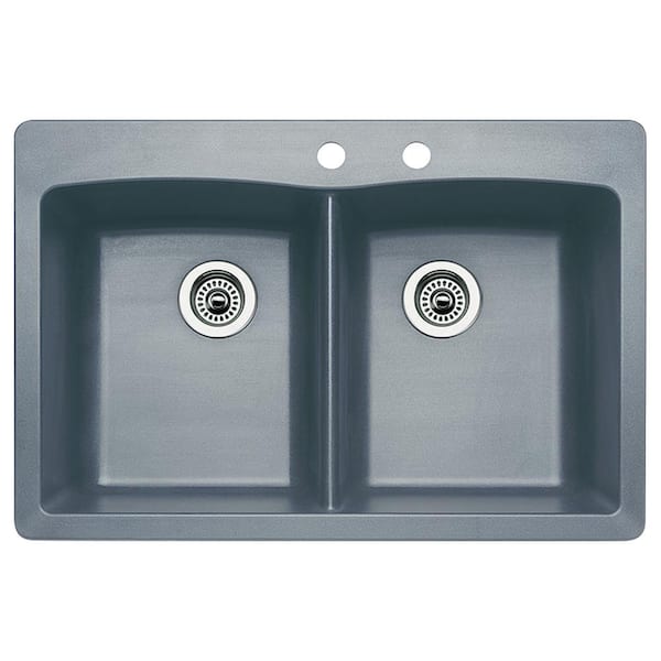 Blanco Diamond Dual-Mount Granite 33 in. 2-Hole 50/50 Double Bowl Kitchen Sink in Metallic Gray