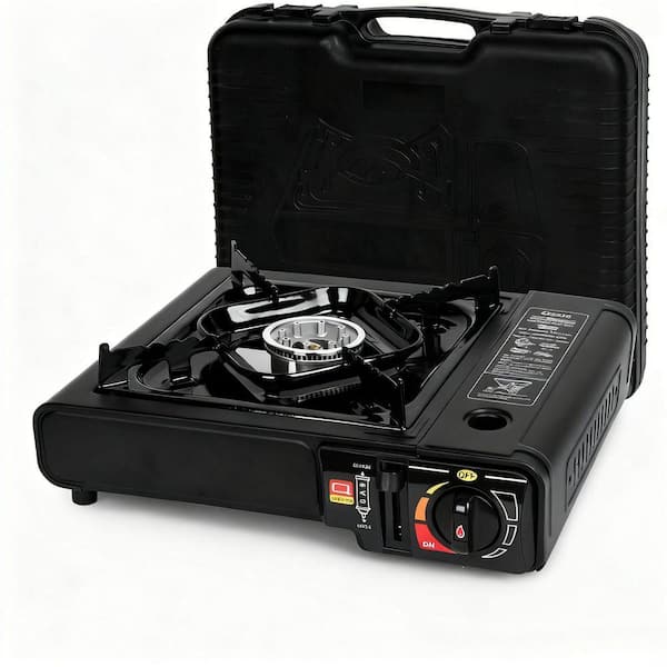 Portable Camping Propane or Butane Grill Dual Fuel Stove in Black with Adapter Hose and Carrying Case