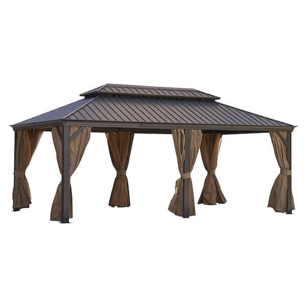 12 ft. x 20 ft. steel canopy, Outdoor Permanent Hardtop Gazebo Canopy, Aluminum Frame Pavilion with Curtains and Netting