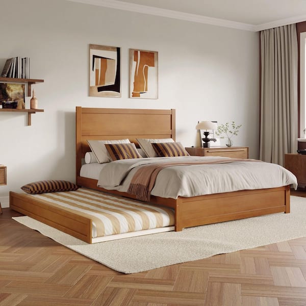 Aveline Light Toffee Natural Bronze Wood Frame Queen Platform Bed with Matching Footboard and Twin XL Trundle