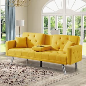 Yellow 75.59 in. Linen Arm Chair Futon Sofa Bed Convertible Sleeper Reclining Couch with Cup Holder Metal Legs