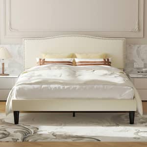Platform Bed Frame Beige Metal Frame Queen Platform Bed with Upholstered Headboard, Strong Frame & Wooden Slats Support