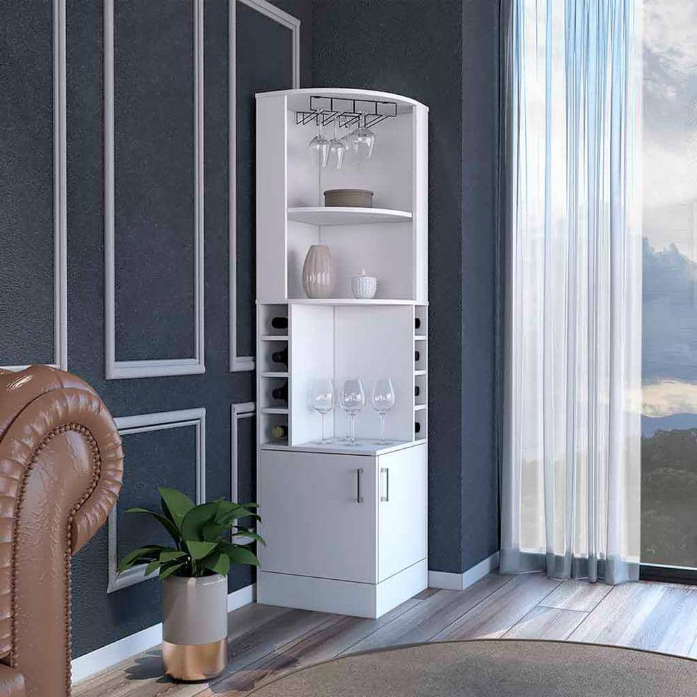 8-Bottle White Particle Board Bar Cabinet Double Door, White Finish with Wi