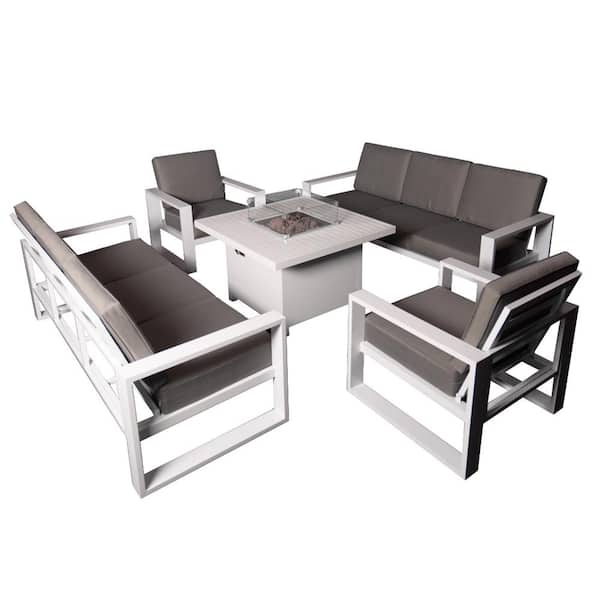 PATIOPTION Aluminum Patio Conversation Set with White 41.34 in. Fire Pit Table, Gray Cushion Sofa Set - 2 Armchair+2x3Seater
