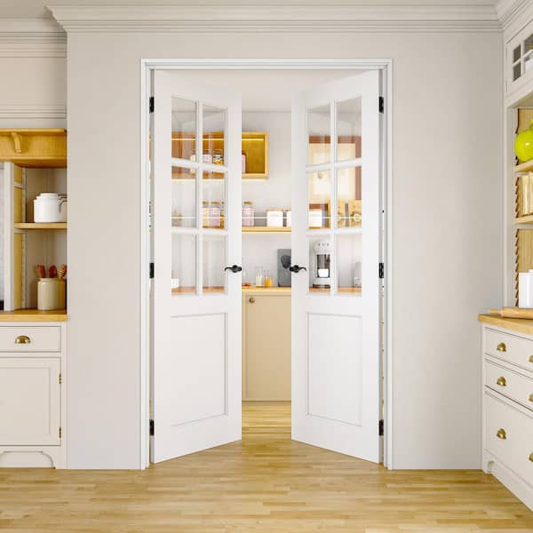 48 in. x 80 in. 6-Lite Clear Glass Universal White Solid Core Wood Ready to Assemble French Door with Separate Jamb