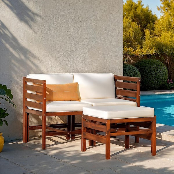 Dark Brown Acacia Wood Modular Left and Right Arm Outdoor Sectional Chairs and Ottoman with Cream Cushions