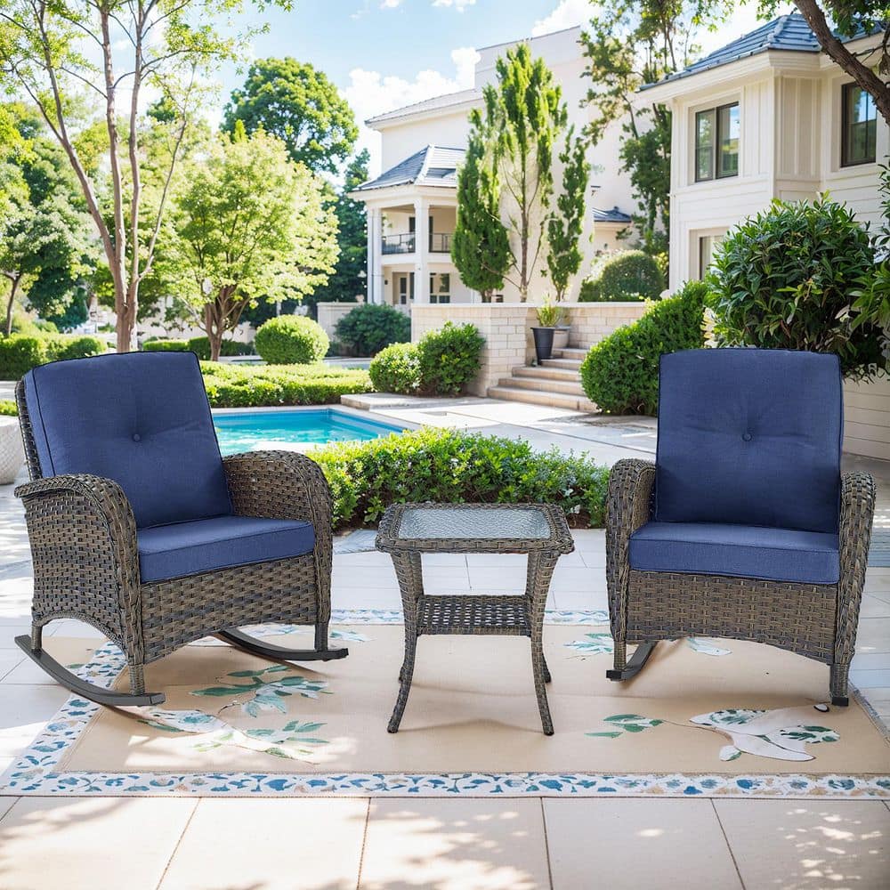 Rotavia 3-Piece Brown PE Wicker Outdoor Rocking Chair with Olefin Blue Cushions Patio Conversation Set and Side Table price history on PriceWatchPro