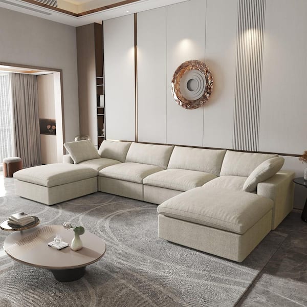 157.3 in. Square Arm 6-piece Linen Polyester Modular Free Combination Storage Sectional Sofa with Ottoman in. Brown