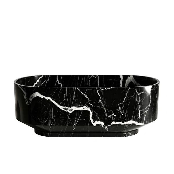 67 in. Stone Resin Freestanding Soaking Bathtub with Black Marquina Marble Patterned Finish