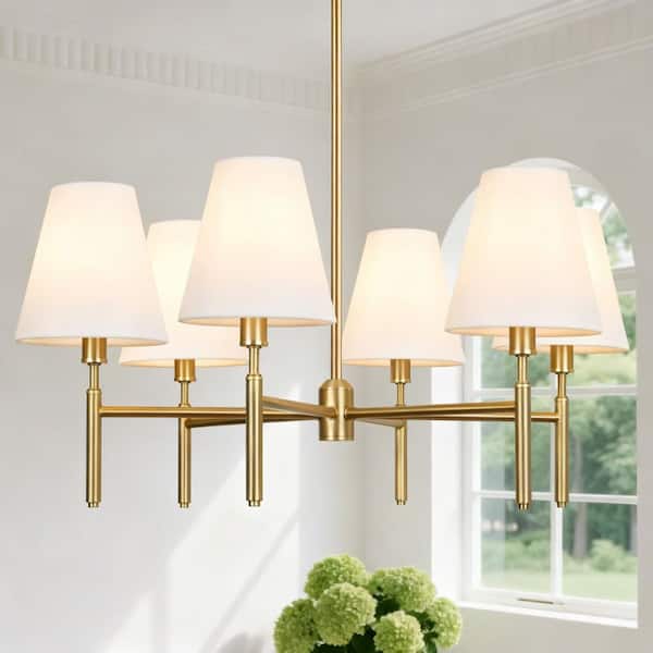 6-Light Dimmable Classic / Traditional Gold Chandelier with White Fabric Shade for Dining Room