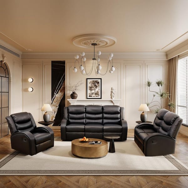 159 in. Overall Straight Arm Leather Rectangle Manual Motion Recliner Sofa Set in Black, 6-Seats Pet-Friendly Sectional
