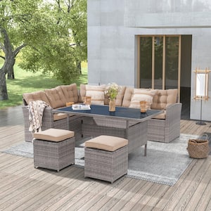 5-Piece Patio Wicker Dining Sofa Set With 3-Seater Sofa, Sand Cushions