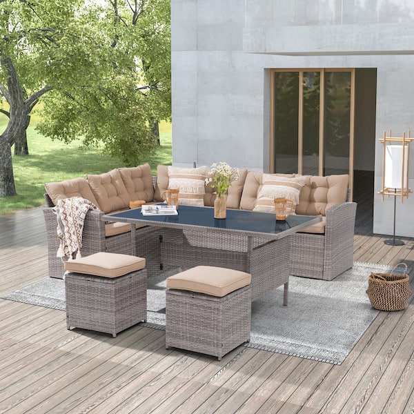 JOYESERY 5-Piece Patio Wicker Dining Sofa Set With 3-Seater Sofa, Sand Cushions