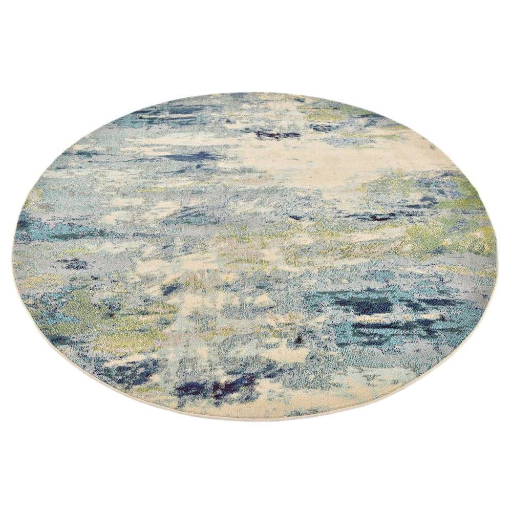 Theia Light Blue Abstract 8' Round Synthetic Area Rug