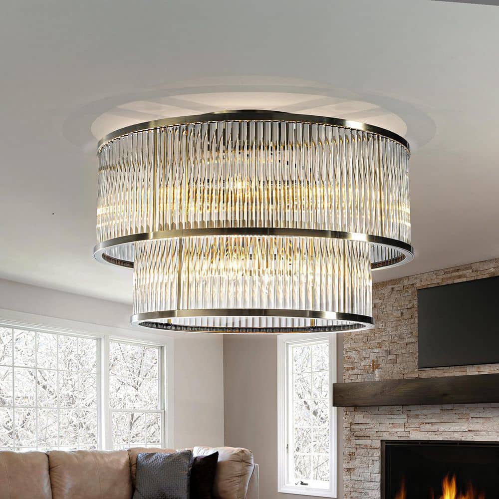 10-Light 21 in. Modern Glam 2-Tier Glass Drum Flush Mount Ceiling Antique B