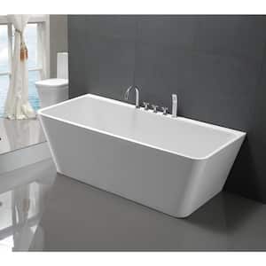 67 in. Acrylic Flatbottom Rectangular Back to Wall Alcove Soaking Bathtub in White with Polished Chrome Overflow