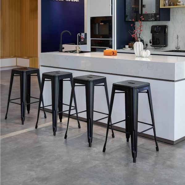 30 in. Backless Non-Upholstered Metal Bar Stool Stackable Heavy-Duty Counter-Height Chair Indoor & Outdoor Use Black