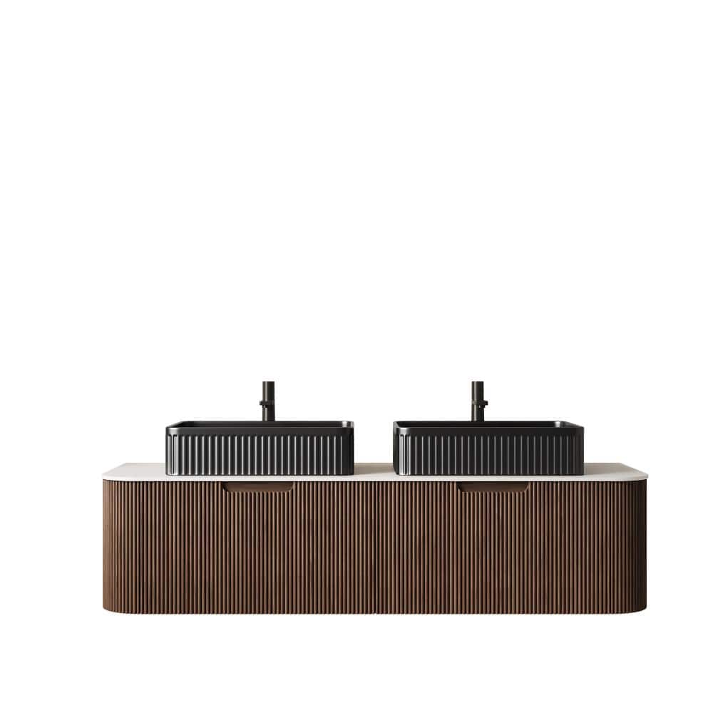 60 in. Floating Dark Walnut Bath Vanity with Carrara White Sintered Stone Top and 2 Black Rectangular Ceramic Basins price history on PriceWatchPro