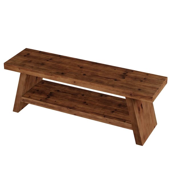 Brennan Solid Wood Brown Rectangal Foyer Entryway Bench 2 Open Shelves Indoor Home Office Farmhouse Freestanding 47 in.