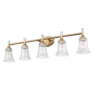 38 in. Modern 5-Light Gold Finish Vanity Lighting Fixtures with Bell Shaped Fluted Glass