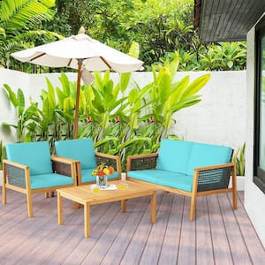 4-Pieces Patio Acacia Wood Furniture Set PE Rattan Conversation Set with Turquoise Cushions