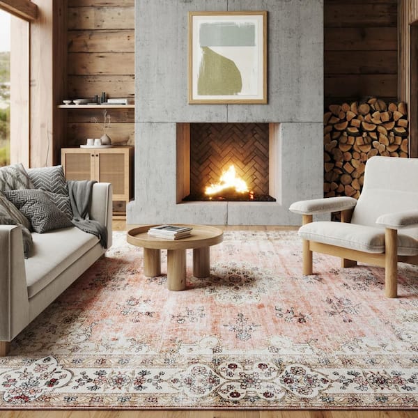 Rosette Medallion Spill Proof Washable Peach 8 ft. x 8 ft. Indoor Area Rug