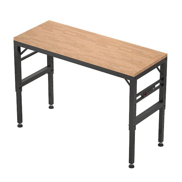 Tunearary 60 in. Heavy-Duty Hardwood 6-Position Adjustable Workbench with 4-Rubber Mats and Electrical Outlet
