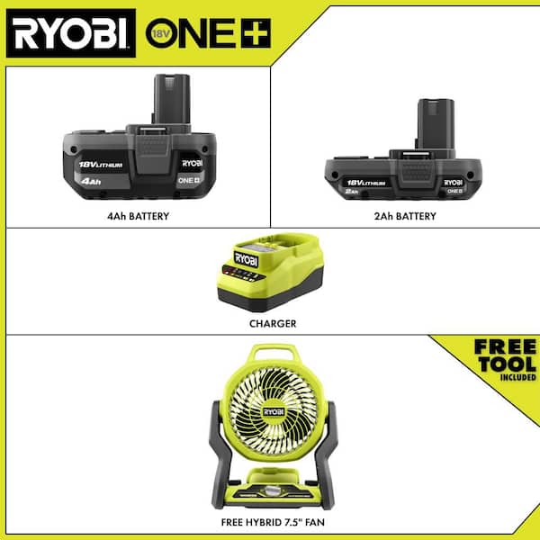ONE+ 18V Lithium-Ion 4.0 Ah Battery, 2.0 Ah Battery, and Charger Kit with ONE+ Hybrid WHISPER SERIES 7-1/2 in. Fan