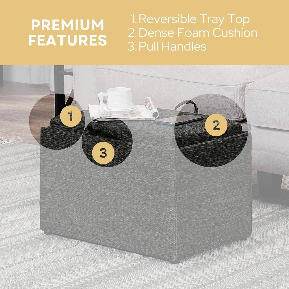 Modern Dark Charcoal Gray Fabric Storage Ottoman with Reversible Tray, 23"