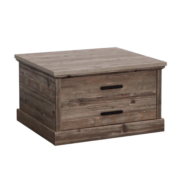 SAUDER Aspen Post 32.205 in. Pebble Pine Square Composite Coffee Table with Drawers