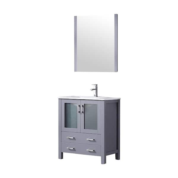 Volez 30 in W x 18 in D Dark Grey Bath Vanity, Integrated White Ceramic Top, Faucet Set and 28 in Mirror
