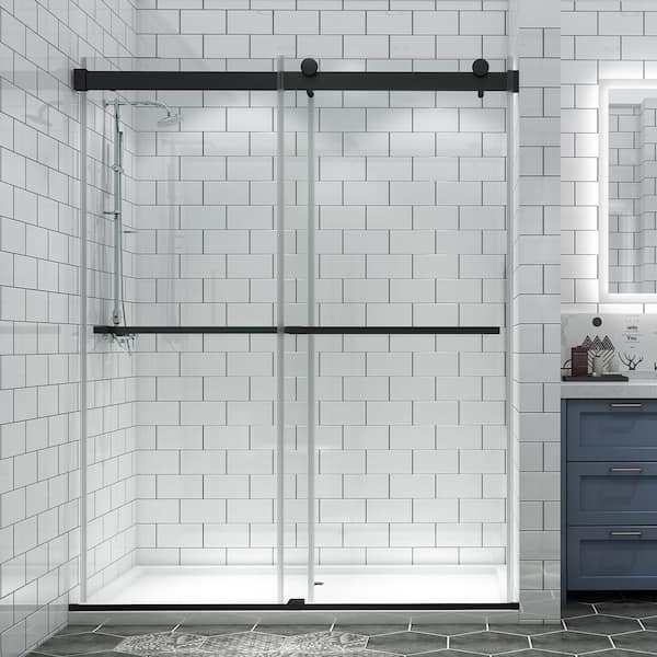 WELLFOR 60 in. W x 74 in. H Sliding Frameless Shower Door in Matte Black with 8 mm Clear Glass