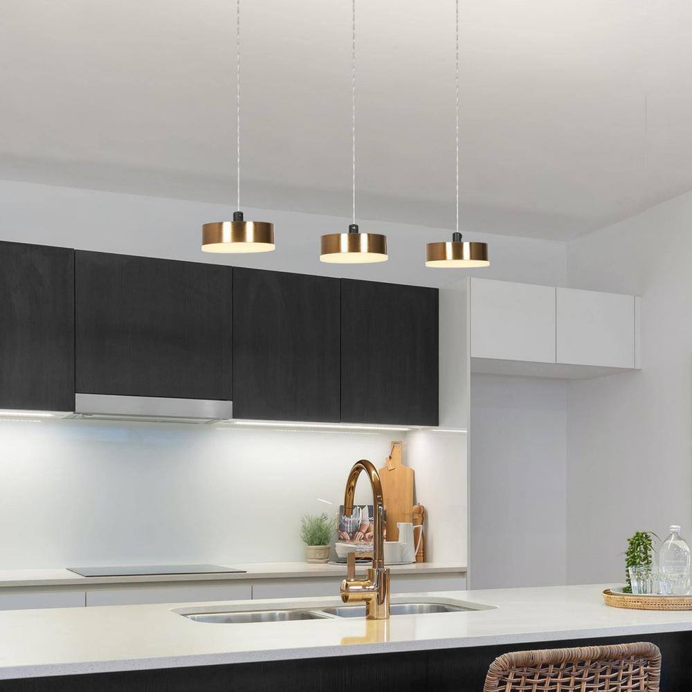 Zevni Integrated LED Linear Chandelier, 3-Light Polished Brass Island ...