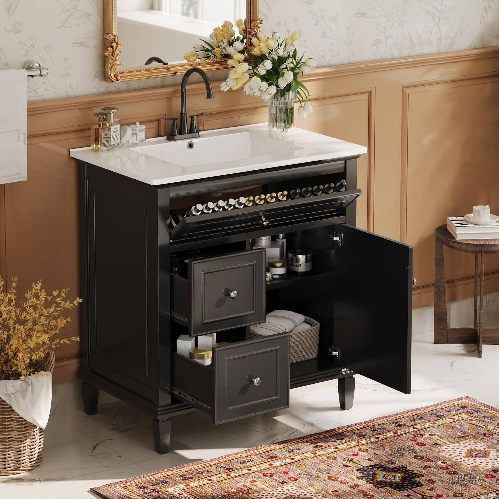 30 in. W x 18.3 in. D x 33.9 in. H Single Sink Black Freestanding Bath Vanity with White Ceramic Top Unassembled