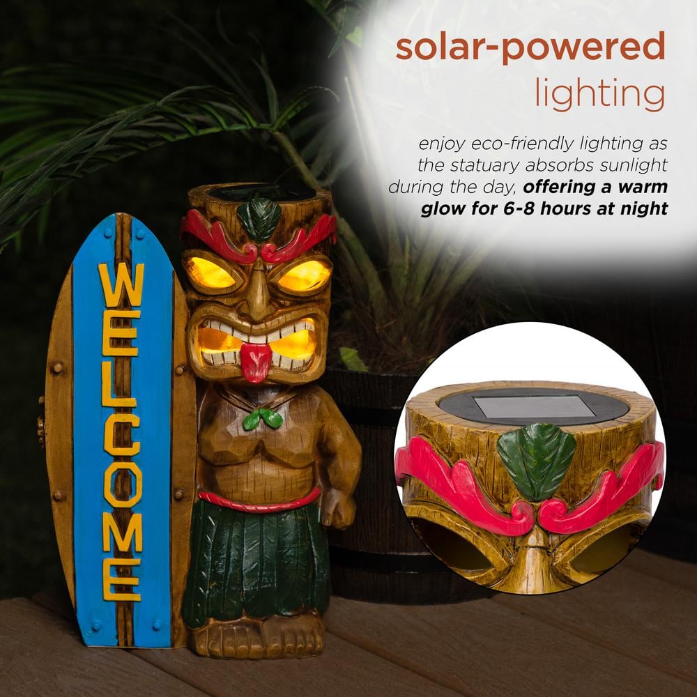 Solar Tiki Statue with Welcome Surfboard and LED Lights