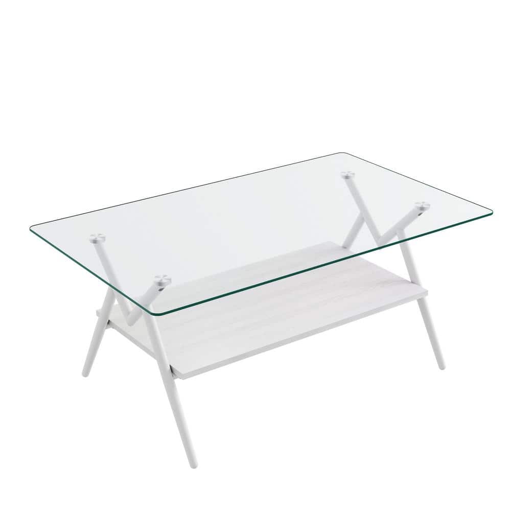 38.6 in. Rectangle Transparent Tempered Glass Coffee Table with White MDF S