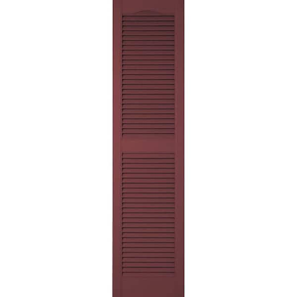 Ekena Millwork 12 in. x 60 in. Lifetime Vinyl Custom Cathedral Top Center Mullion Open Louvered Shutters Pair Wineberry